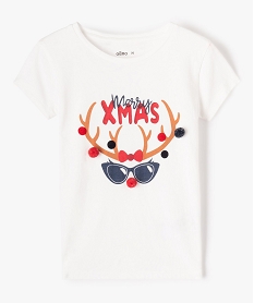 GEMO Tee-shirt de Noël fille à manches courtes et pompons blanc chine