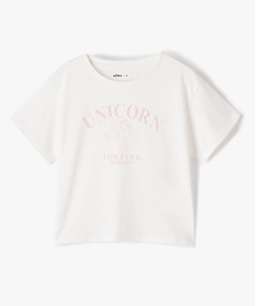 GEMO Tee-shirt fille à manches courtes coupe courte et large blanc chine