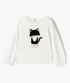 GEMO Tee-shirt fille à manches longues fantaisie et motif chat en relief blanc chine