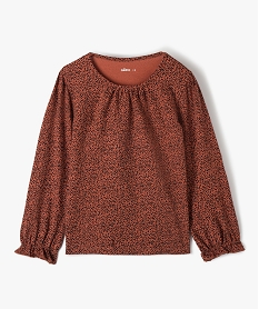 GEMO Tee-shirt fille imprimé à manches longues et fronces marron standard