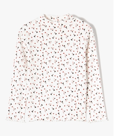 GEMO Tee-shirt fille à manches longues et col cheminé motif fleuri blanc chine