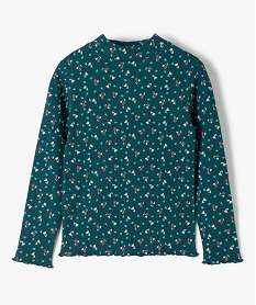 GEMO Tee-shirt fille à manches longues et col cheminé motif fleuri Vert
