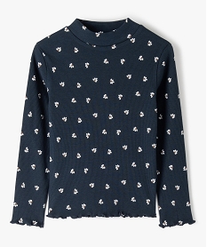 GEMO Tee-shirt fille à manches longues et col cheminé motif fleuri noir chine