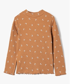 GEMO Tee-shirt fille à manches longues et col cheminé motif fleuri marron standard