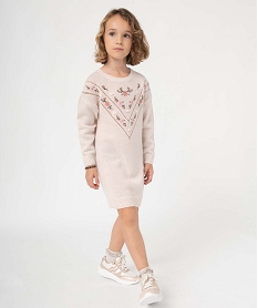 GEMO Robe pull fille en maille à manches longues avec motifs brodés Beige