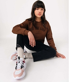 GEMO Sweat fille en molleton doux avec inscription marron fonce