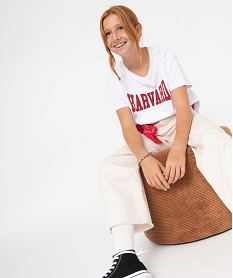 GEMO Tee-shirt fille court avec inscription sur le buste Blanc
