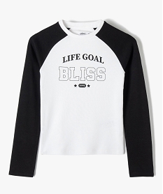 GEMO Tee-shirt fille à manches longues contrastantes blanc standard