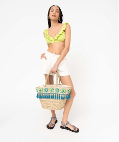 sac de plage femme en paille avec broderies et pompons beige standardI580801_4