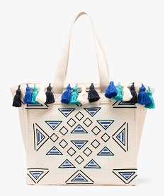 sac cabas en toile avec pompons franges et motifs geometriques beigeI589301_1