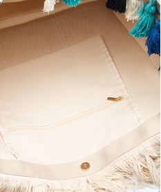 sac cabas en toile avec pompons franges et motifs geometriques beigeI589301_3