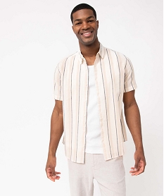 GEMO Chemise homme rayée à manches courtes en lin mélangé Beige