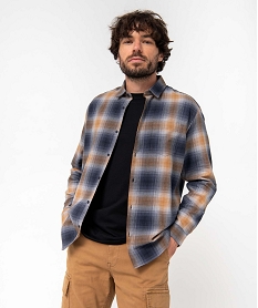 GEMO Chemise homme à manches longues et carreaux en flanelle Bleu