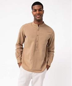 GEMO Chemise homme en lin mélangé à manches longues et col tunisien beige standard