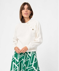 GEMO Sweat femme avec manches raglan et boutons fantaisie blanc chine