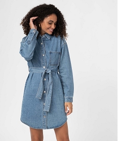 GEMO Robe femme en jean boutonnée sur lavant avec ceinture Bleu