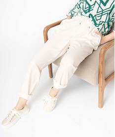 GEMO Pantalon femme avec large ceinture élastiquée Beige