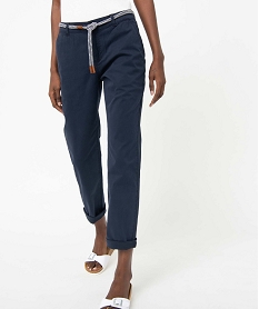 GEMO Pantalon femme en coton extensible avec ceinture corde Bleu