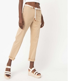 GEMO Pantalon femme en coton extensible avec ceinture corde Beige