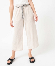 GEMO Pantacourt femme coupe large contenant du lin avec ceinture blanc chine