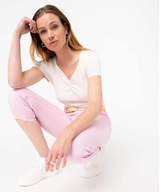 GEMO Pantacourt femme en toile denim avec ceinture tressée rose standard