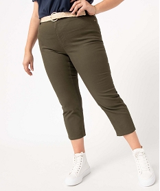 GEMO Pantacourt femme grande taille en twill coloré avec ceinture en paille Vert