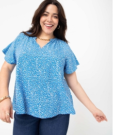 blouse femme grande taille fleurie a manches courtes et col v bleuI656301_1