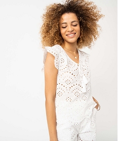 GEMO Blouse femme à manches courtes en broderie anglaise blanc chine