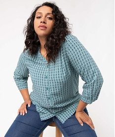 GEMO Blouse femme grande taille à manches 34 avec col V et fermeture boutons Bleu