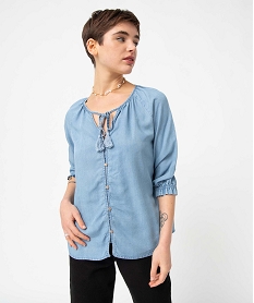 GEMO Blouse femme boutonnée en Lyocell Bleu