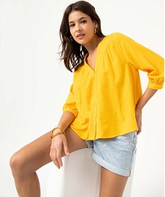 GEMO Blouse ample manches 34 en voile de coton à motif en relief jaune standard