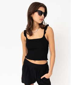 GEMO Blouse femme à bretelles volantés et coupe courte à smocks noir standard