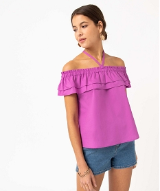 GEMO Blouse femme col Bardot à volants et liens fantaisie Violet