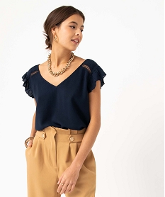 GEMO Blouse femme sans manches à volants et dentelle Bleu