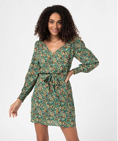 GEMO Robe femme imprimée à manches longues avec ceinture imprime floral