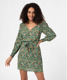 GEMO Robe femme imprimée à manches longues avec ceinture Vert