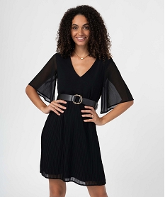 GEMO Robe femme avec col V et jupe plissée Noir