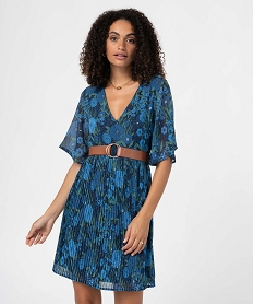 GEMO Robe femme imprimée à manches courtes et ceinture Bleu