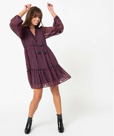 GEMO Robe femme imprimée à manches longues avec volants Violet