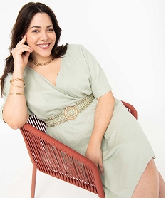 GEMO Robe femme grande taille en lin mélangé à col cache-cœur Beige