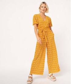 GEMO Combinaison pantalon femme en maille plissée imprimée Jaune