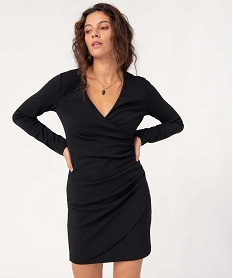 GEMO Robe femme ajustée effet drapé à manches longues noir standard