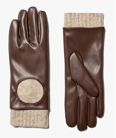 gants femme unis en maille et cuir imitation brunI672301_1
