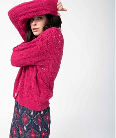 GEMO Gilet femme court en maille ajourée et gros boutons rose standard