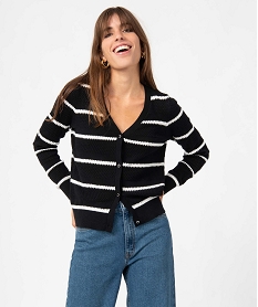 GEMO Gilet femme en maille fantaisie rayée raye noir et blanc