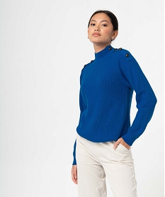 GEMO Pull femme à col montant avec boutons sur les épaules bleu standard