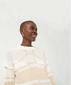 GEMO Pull femme avec rayures pailletées blanc chine