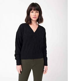 GEMO Pull femme court à col V en maille fantaisie noir standard