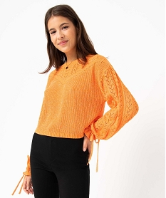 GEMO Pull femme coupe courte en maille ajourée Orange