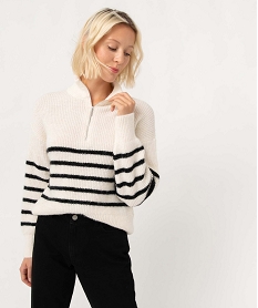 GEMO Pull femme à col zippé raye noirecru